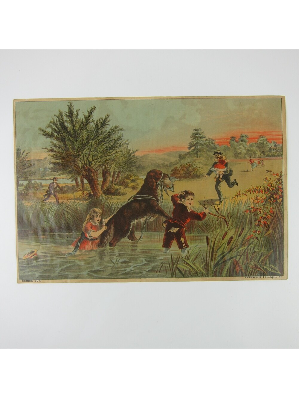 Antique Print St. Bernard Dog Eats Fish Girl & Boy In Pond Hill & Co Augusta ME